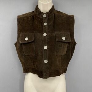 Vintage Clean Lines Suede Leather Vest Womens Large Brown Coin Button Western